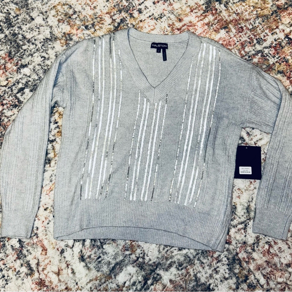 Halston Gray V-Neck Sweater with Sequin Stripes